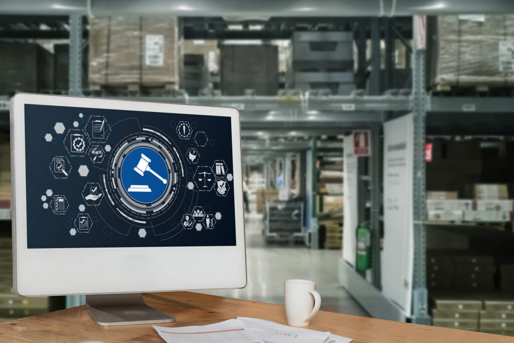 Tela de computador em armazém logístico. Na tela, aparece um sistema de conformidade de operações logísticas.
