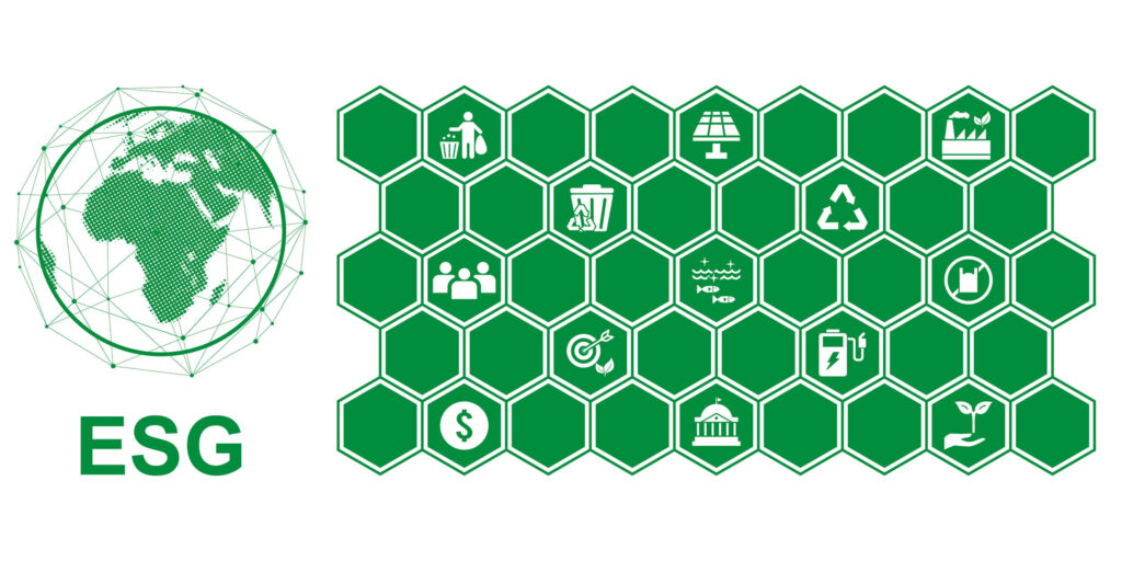 Ecossistema de ESG com ícones de energia limpa, reciclagem e gestão financeira sustentável.