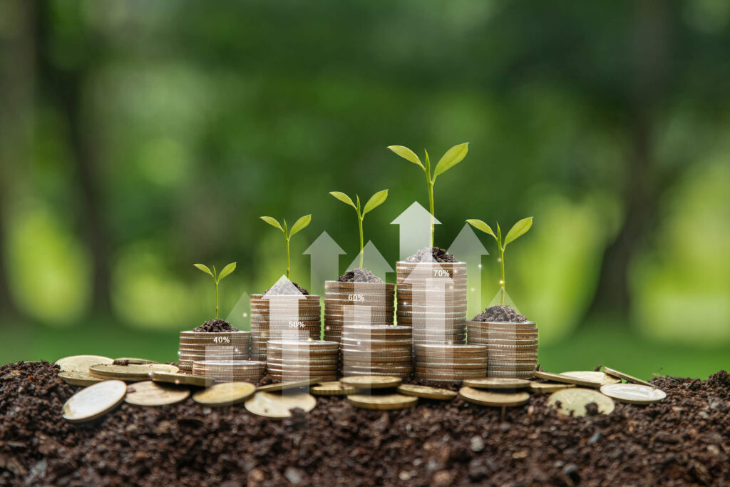 Folhas em cima de pilhas de moedas, indicando crescimento financeiro gerado por práticas sustentáveis.