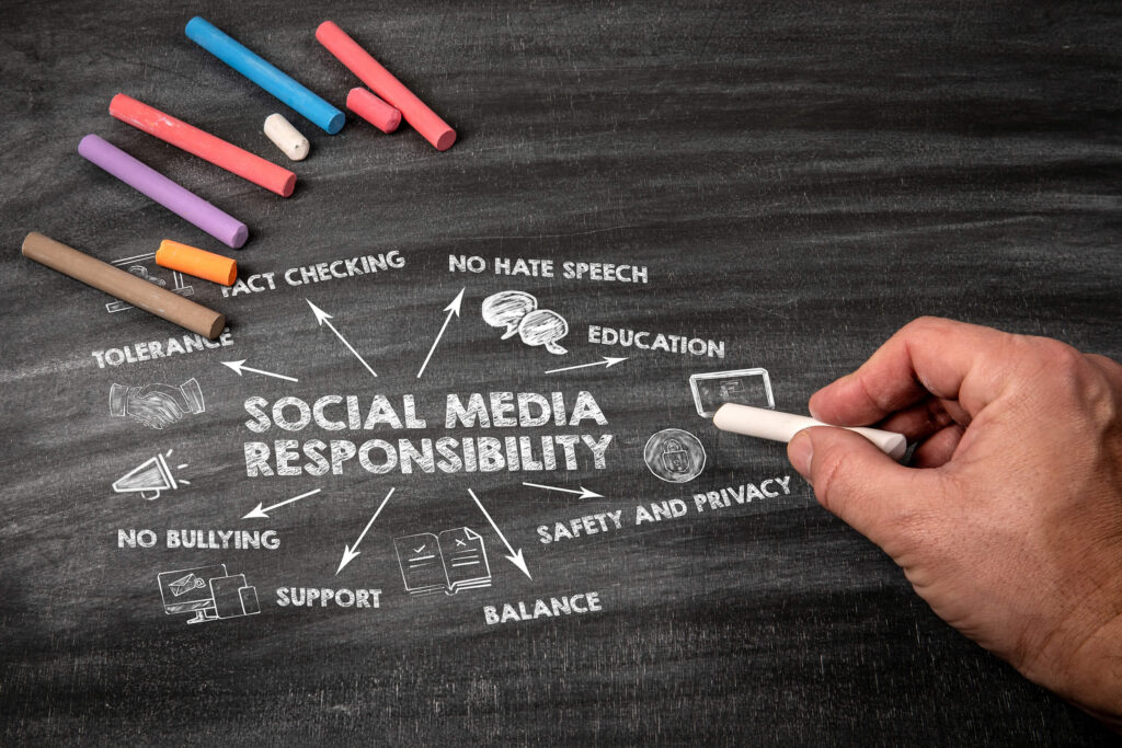 Quadro com título ‘Responsabilidade nas Mídias Sociais’ e ícones representando o ecossistema: checagem de fatos, combate ao discurso de ódio, educação, privacidade, segurança, equilíbrio e antibullying.