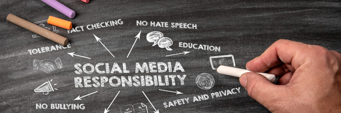 Quadro com título ‘Responsabilidade nas Mídias Sociais’ e ícones representando o ecossistema: checagem de fatos, combate ao discurso de ódio, educação, privacidade, segurança, equilíbrio e antibullying.