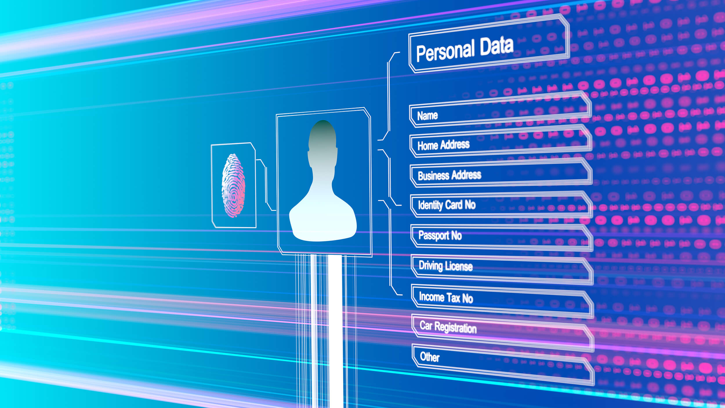 Painel digital que representa a proteção de dados pessoais, como "Nome", "Endereço Residencial", "Endereço Comercial", "RG/CPF", "Passaporte", "Carteira de Motorista", "Declaração de Renda", "Registro de Carro" e "Outros". 