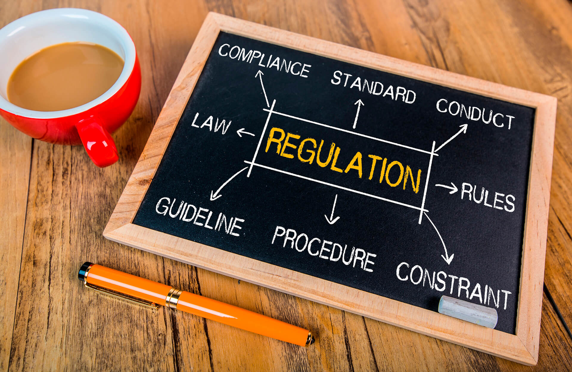 Quadro negro com a palavra “Regulation” em destaque, cercada por termos jurídicos em inglês: compliance, law, rules, conduct, standard, guideline, procedure e constraint. Em volta do quadro, há uma xícara vermelha e uma caneta laranja.