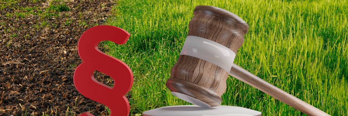 Símbolo financeiro e martelo da justiça, com lavoura ao fundo, representando gestão jurídica no campo.