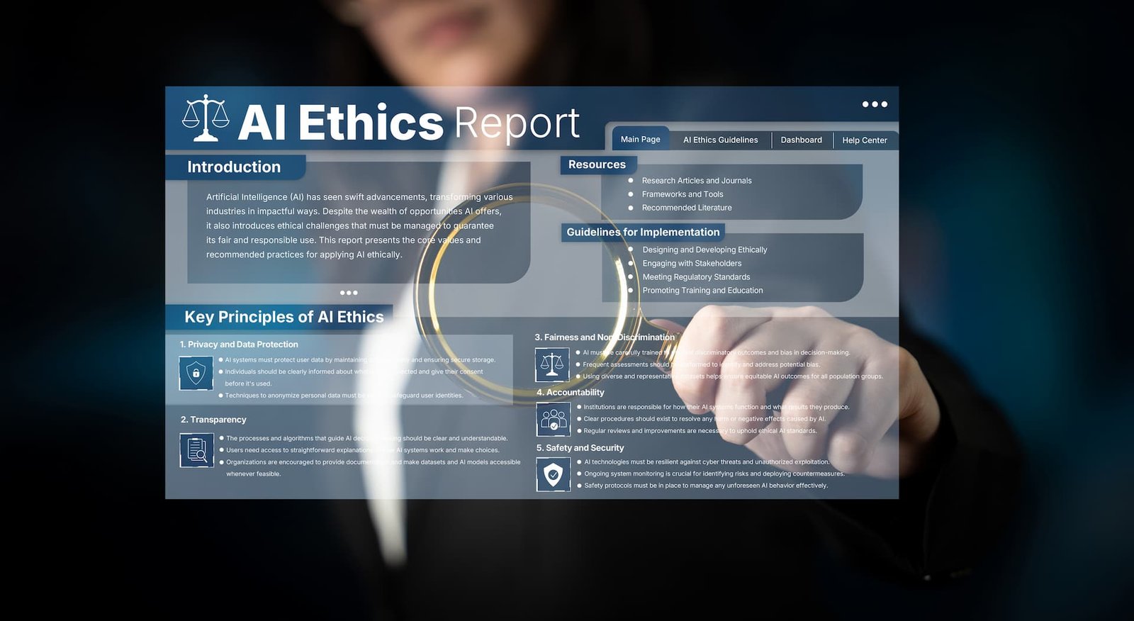 Profissional segurando uma lupa apontada para um relatório digital sobre ética em Inteligência Artificial (IA), com princípios de privacidade, transparência, justiça, responsabilidade, segurança e proteção de dados.
