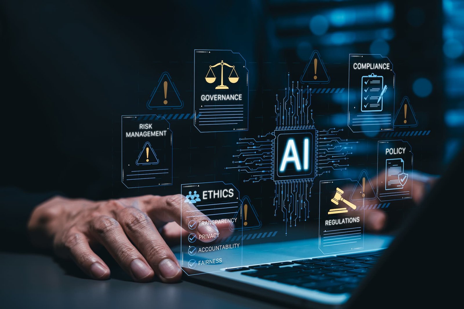 Ícones digitais simbolizando Inteligência Artificial aplicada à governança corporativa, compliance, gestão de riscos, ética, transparência, privacidade e conformidade regulatória nas empresas.