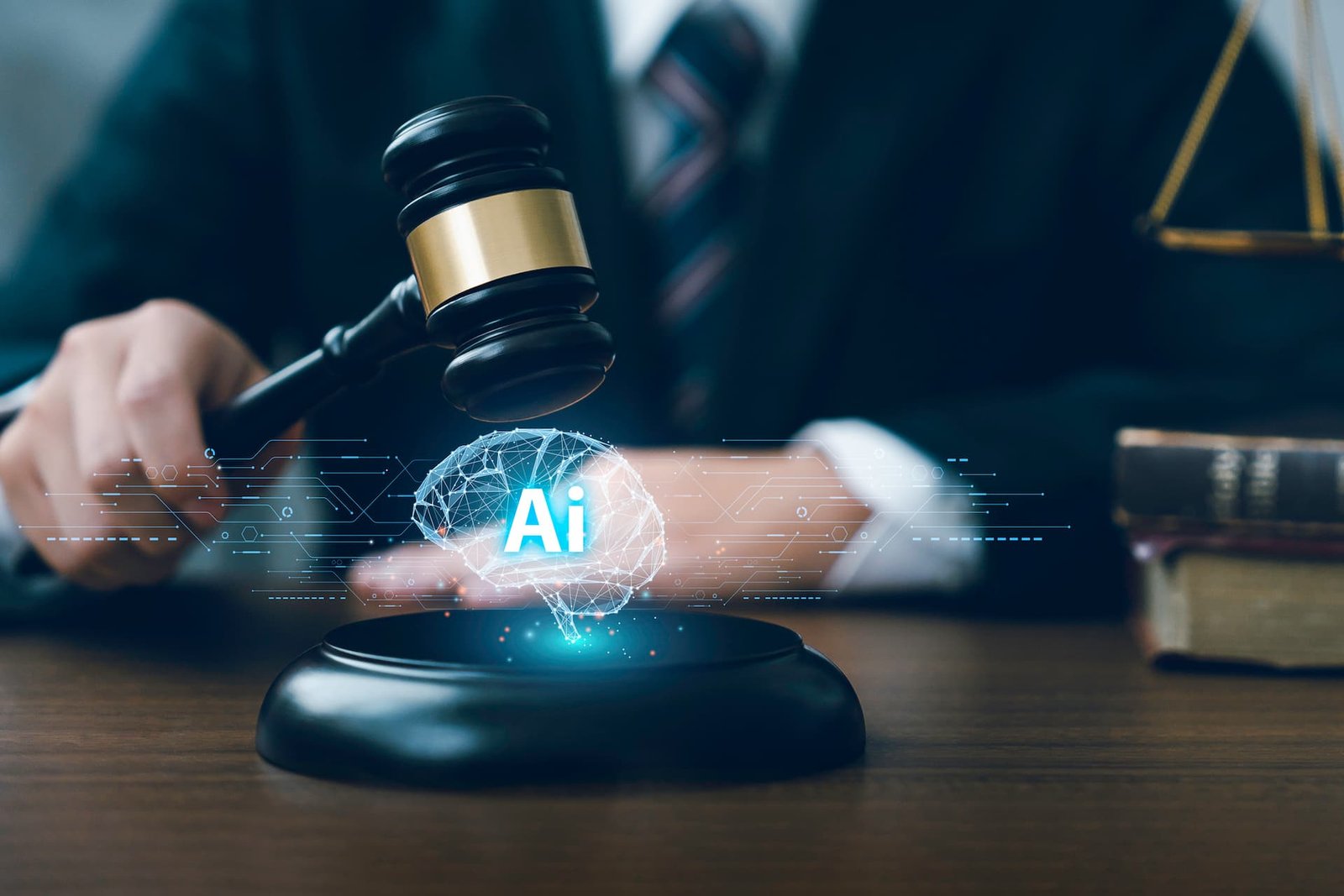 Profissional de justiça segurando martelo de juiz sobre um ícone de cérebro digital, simbolizando a relação entre legislação e Inteligência Artificial.